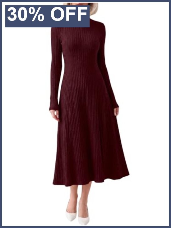 Dresses & Skirts - Ribbed Knit Mock Neck Long Sleeve Midi Dress